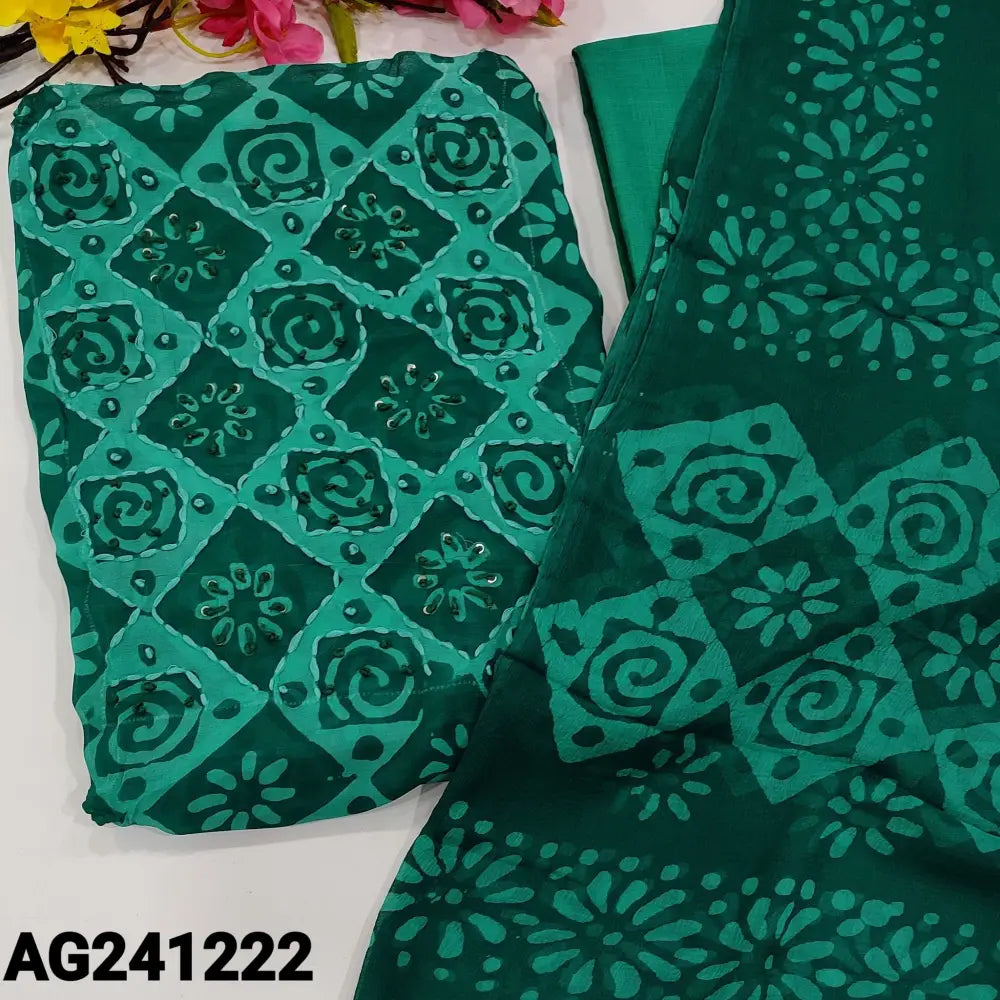 CODE AG241222: Light &dark turquoise green crepe georgette unstitched salwar material thread& sequins work on yoke