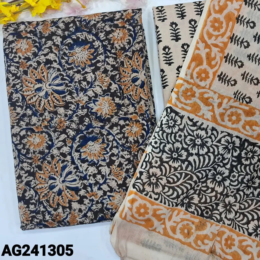 CODE AG241305: Black base kalamkari hand block printed unstitched salwar material(lining optional)block printed cotton