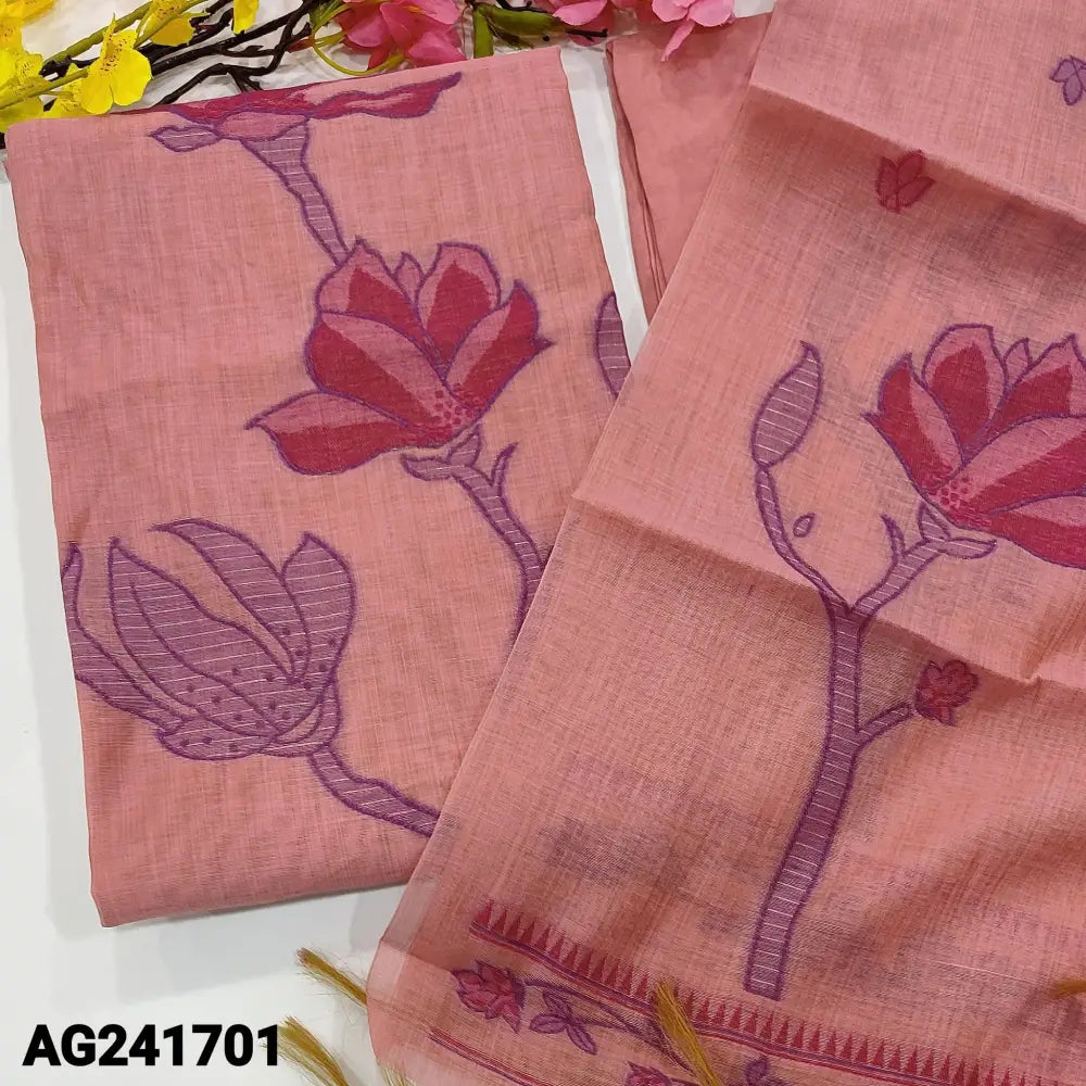 CODE AG241701: Pastel pink premium silk cotton unstitched salwar material jamdani woven on daman(textured fabric lining