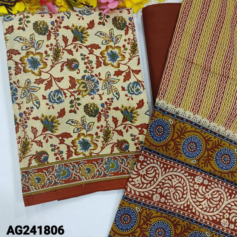 CODE AG241806: Beige base floral printed pure soft kantha cotton(lining needed)maroon cotton bottom printed cotton