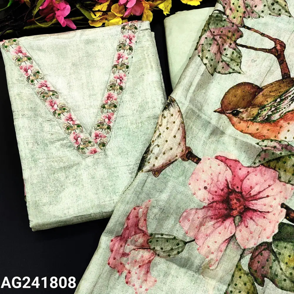CODE AG241808: Light green abstract printed premium tissue silk cotton unstitched salwar material printed v neck(lining