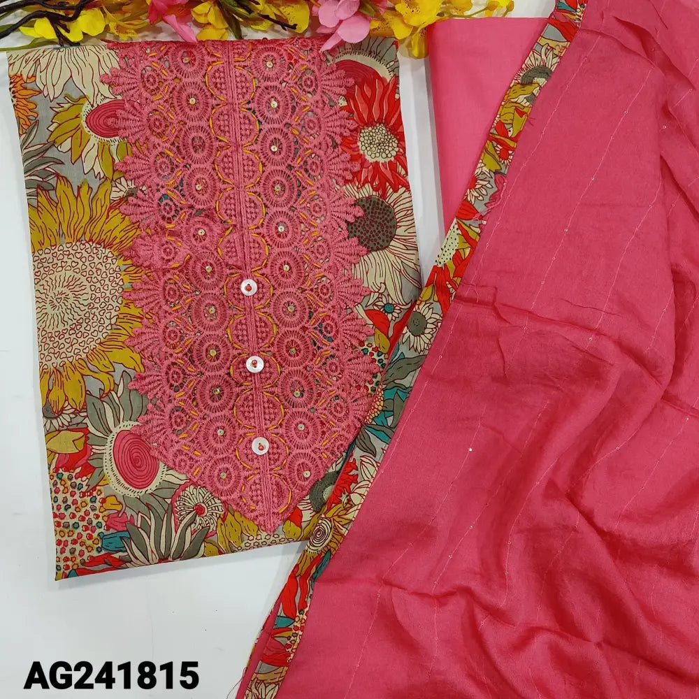 CODE AG241815: Multi color floral printed unstitched salwar material heavy lace work& fancy buttons on yoke(lining