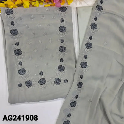 CODE AG241908: Light grey semi georgette unstitched salwar material cross stitch embroidered& sequins work on yoke(thin