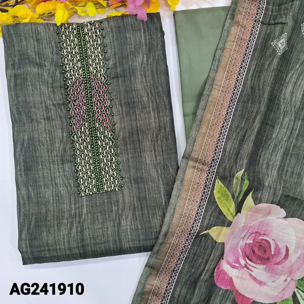 CODE AG241910: Dark cement green digital printed semi tussar textured silk cotton unstitched salwar material bead work