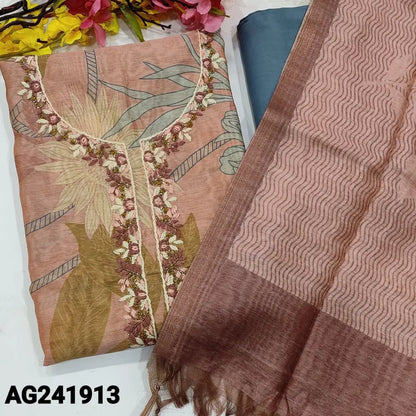 CODE AG241913: Pastel pink designer floral printed premium silk cotton unstitched salwar material hand embroidered