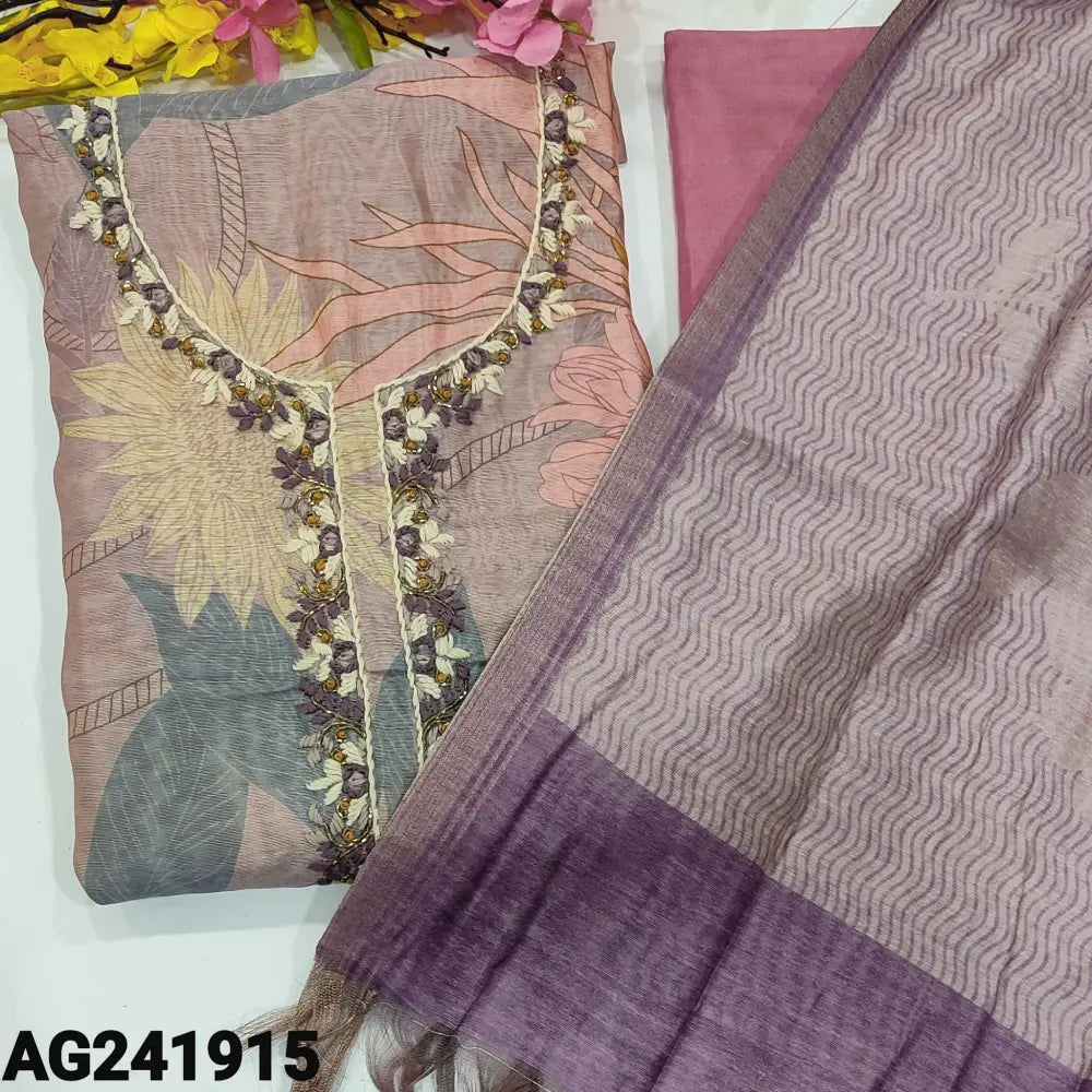 CODE AG241915: Lavender designer floral printed premium silk cotton unstitched salwar material hand embroidered