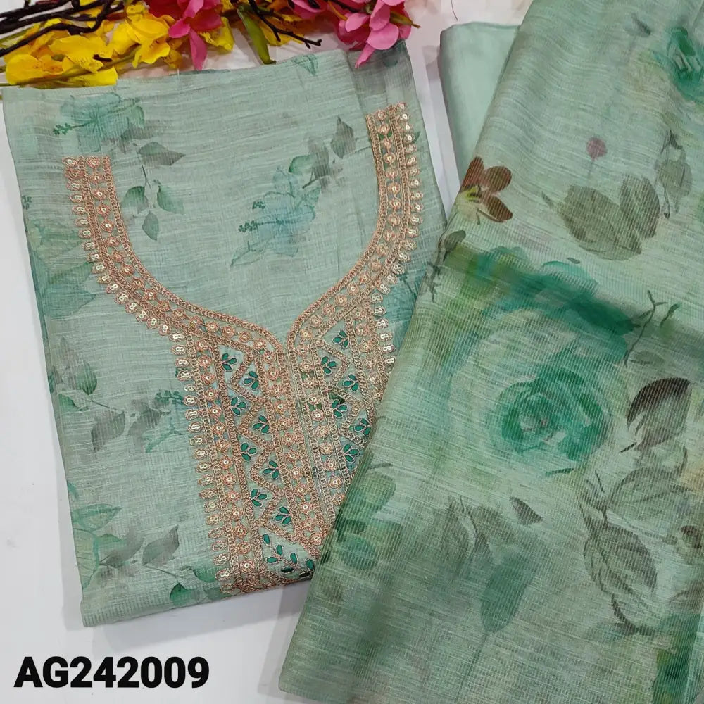 CODE AG242009: Pastel blue with golden tint floral printed designer tissue silk cotton unstitched salwar material zari&