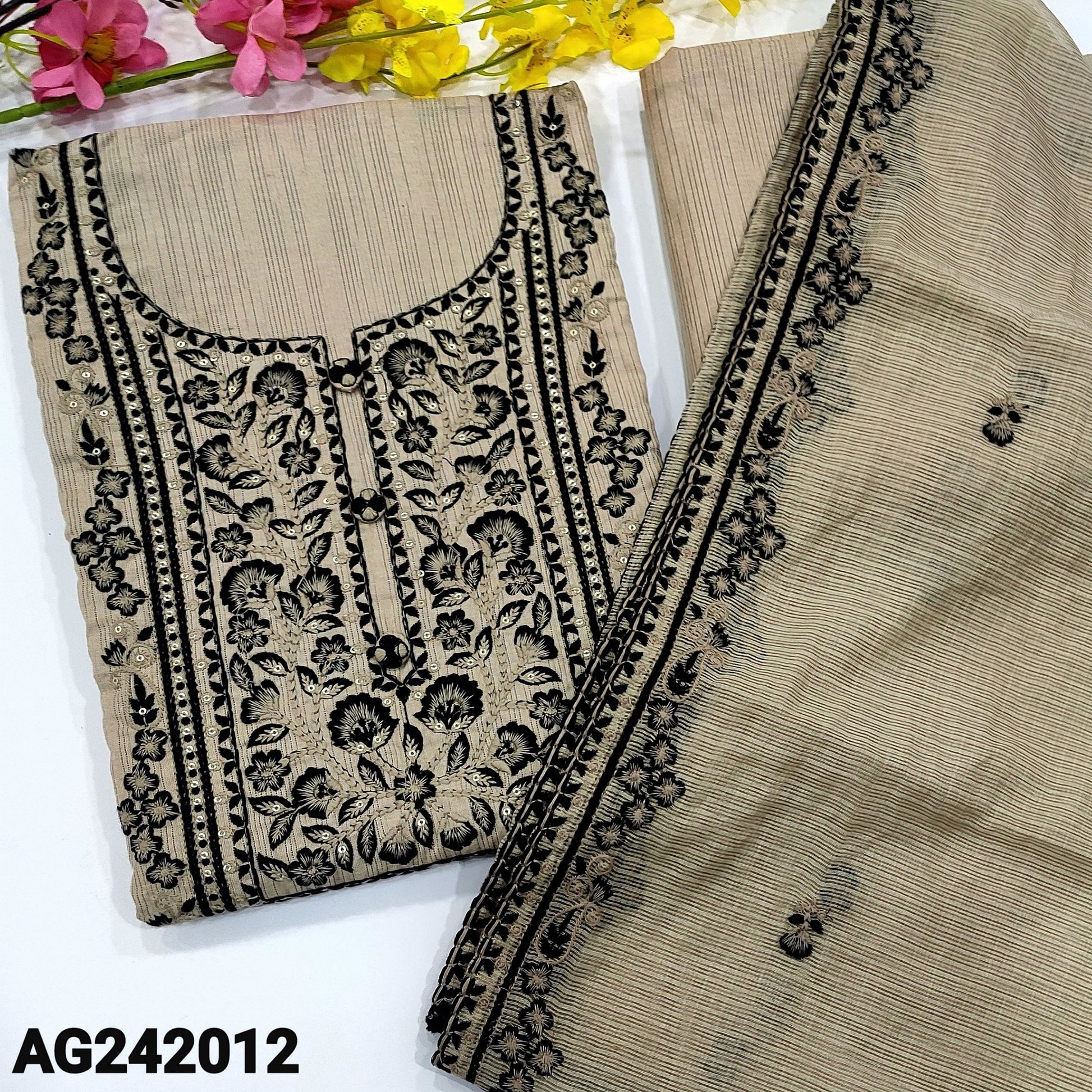 CODE AG242012: Beige spun cotton unstitched salwar material embroidered with panel pattern &fancy buttons