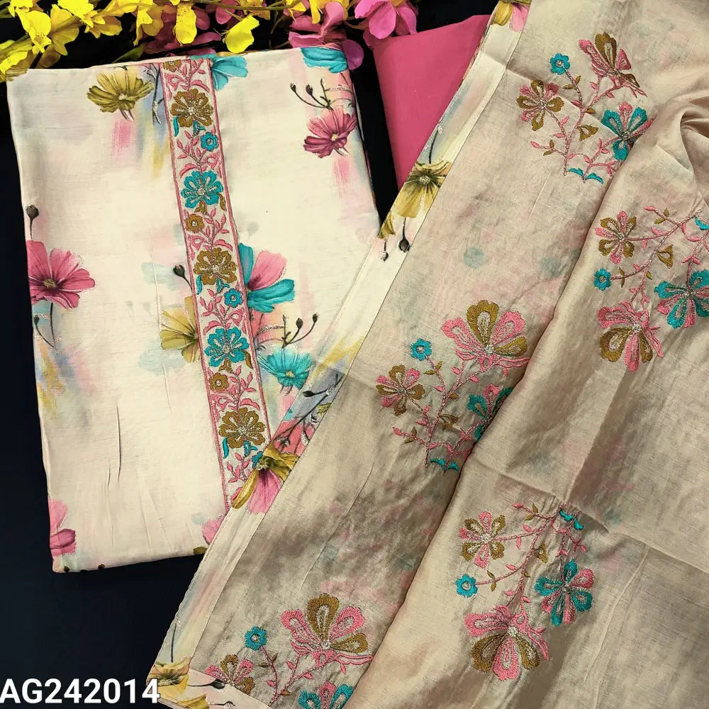 CODE AG242014: Light beige floral printed soft silk cotton unstitched salwar material embroidered on yoke(lining