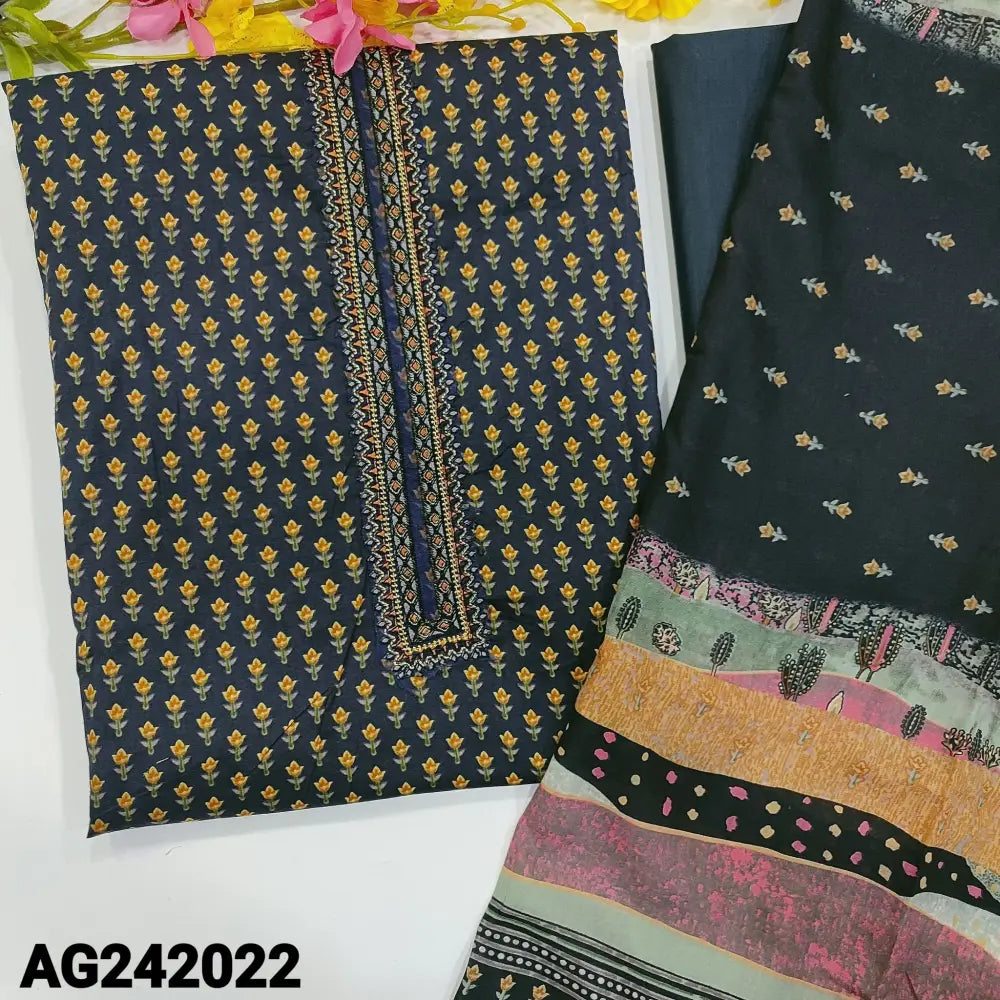 CODE AG242022: Dark blue digital printed satin cotton unstitched salwar material thread embroidered on yoke(lining