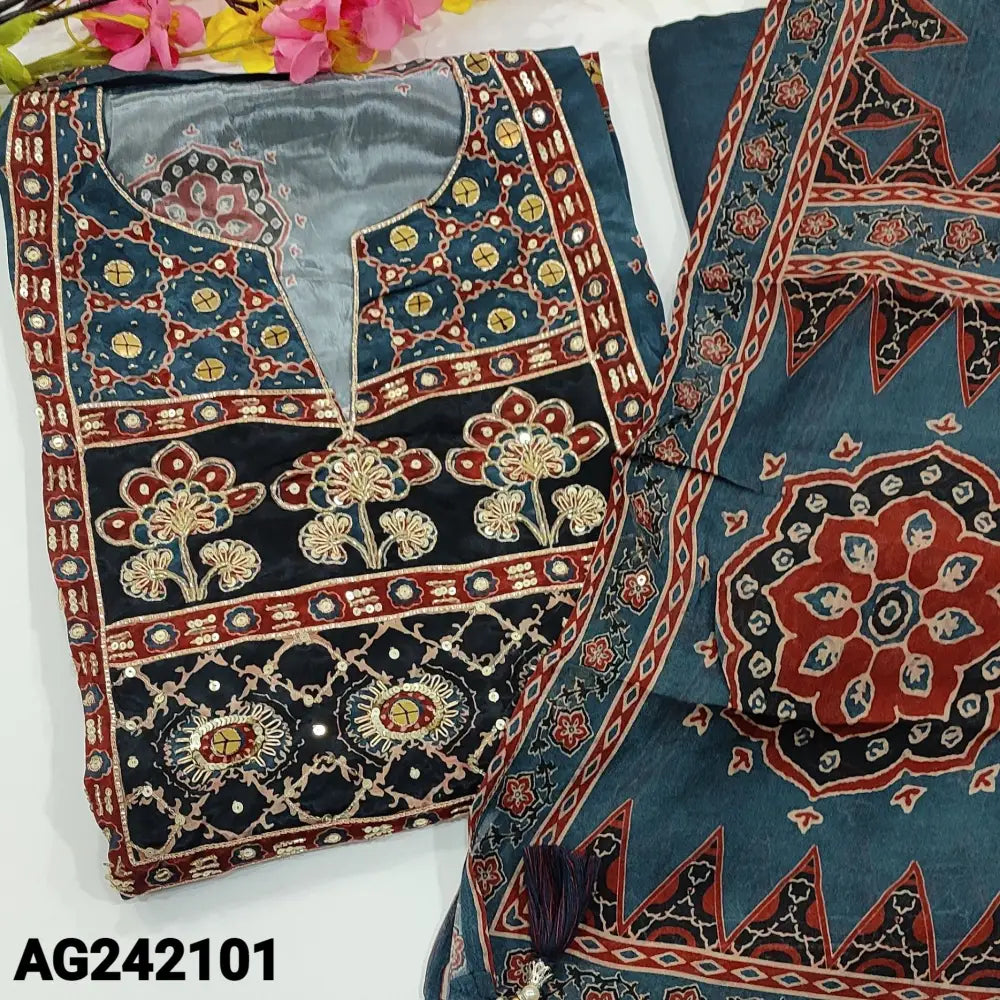 CODE AG242101: Greyish blue designer ajrak printed pure maslin silk unstitched salwar material heavy work on yoke&