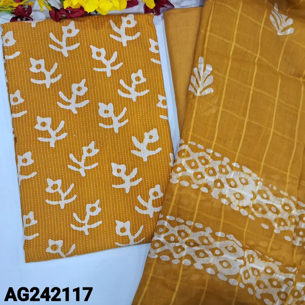 CODE AG242117: Dark fenugreek yellow original wax batik pure kantha cotton unstitched salwar material(lining