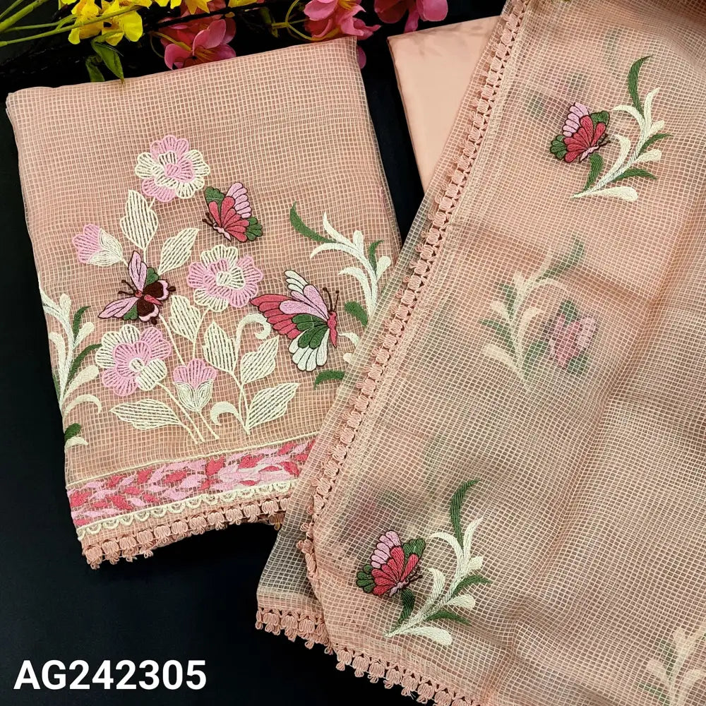 CODE AG242305: Pastel peach fancy super net unstitched salwar material embroidered on yoke(netted fabric lining