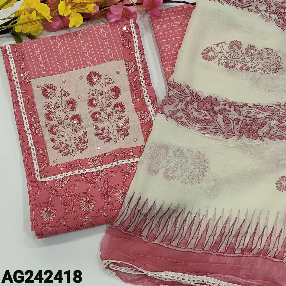 CODE AG242418: Pink printed premium cotton unstitched salwar material block printed with zari& faux mirror work