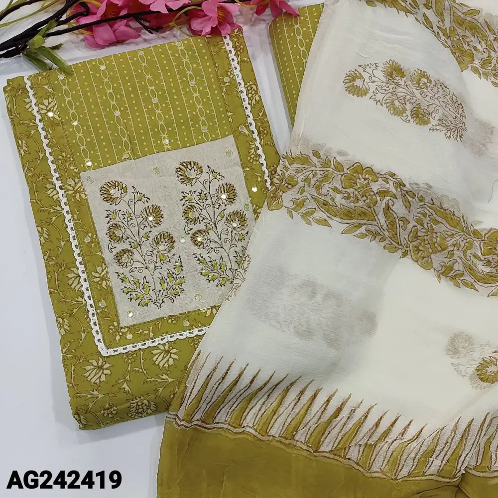 CODE AG242419: Mehandhi green printed premium cotton unstitched salwar material block printed with zari& faux mirror