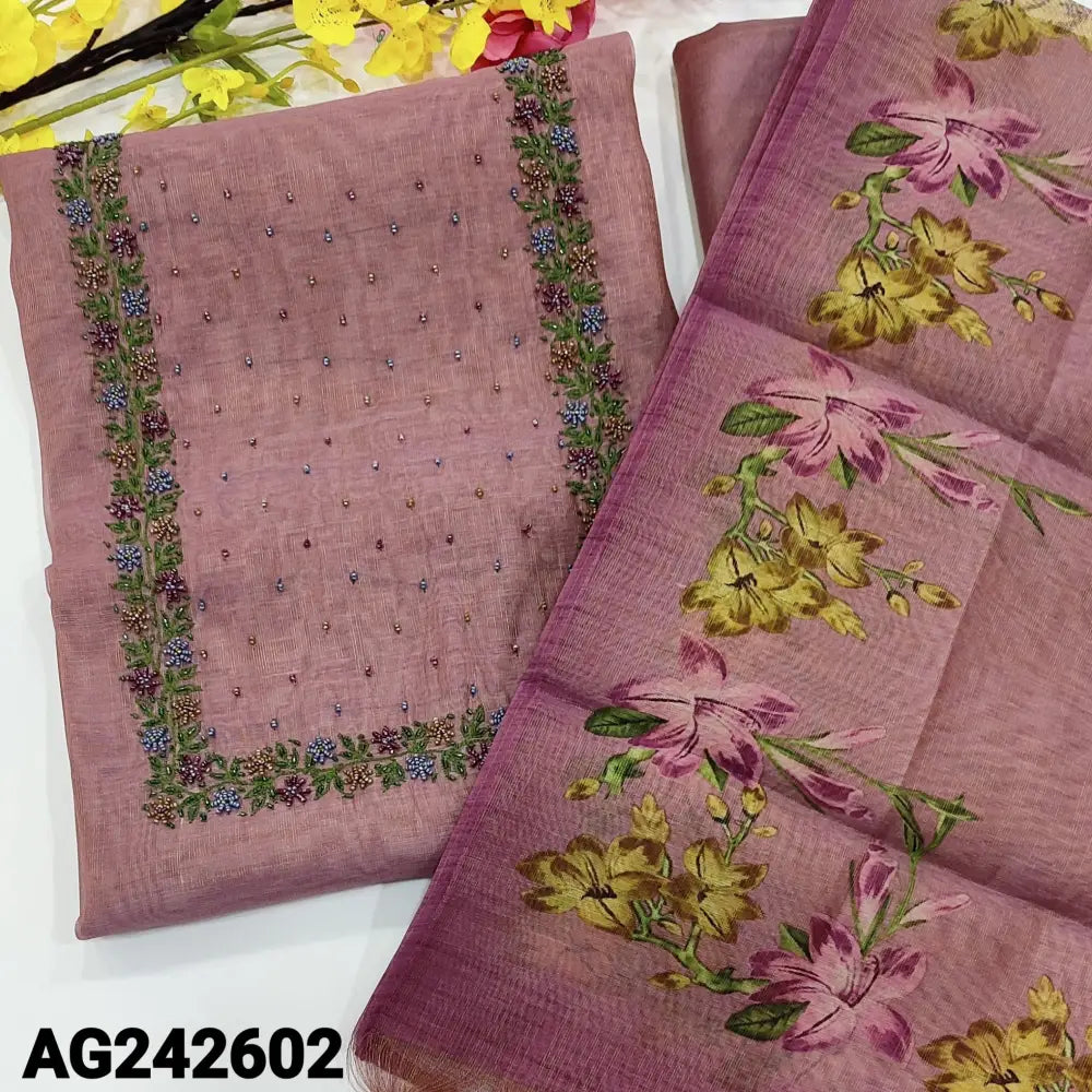 CODE AG242602: Light purple with golden tint premium tissue linen unstitched salwar material bead work on yoke(lining