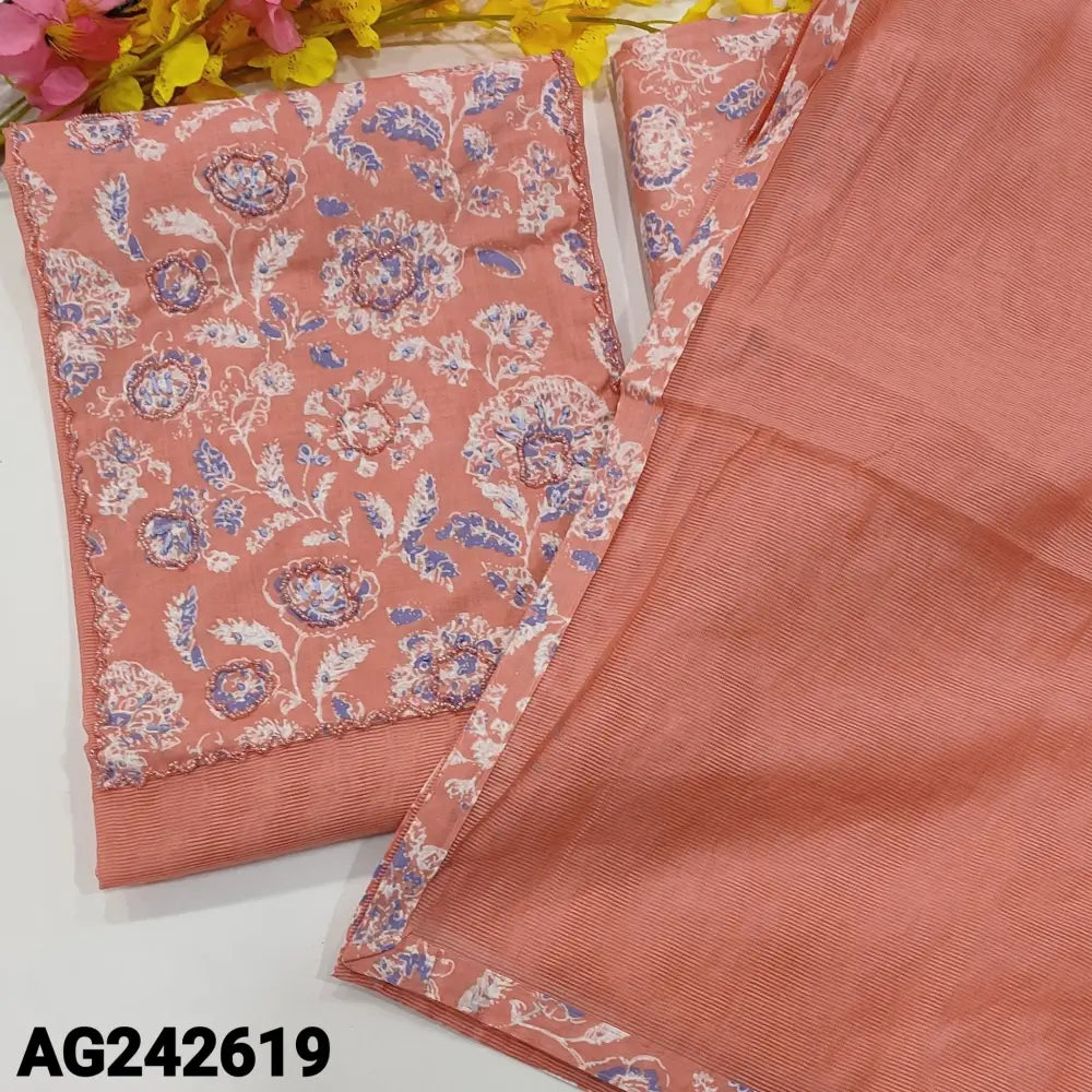 CODE AG242619: Pastel peach premium super net unstitched salwar material printed cotton yoke patch with thread& bead