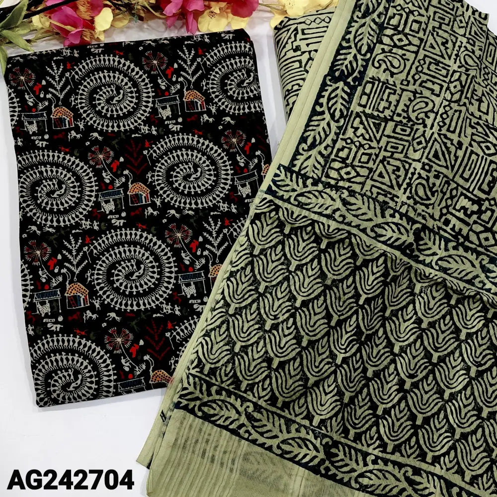 CODE AG242704: Black base warli printed cotton unstitched salwar material(lining optional)block printed cotton bottom