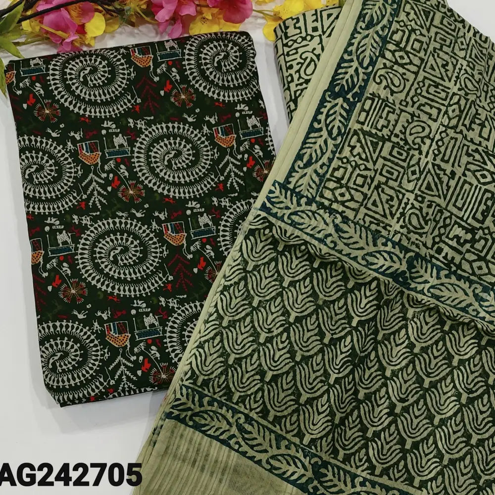 CODE AG242705: Dark green base warli printed cotton unstitched salwar material(lining optional)block printed cotton