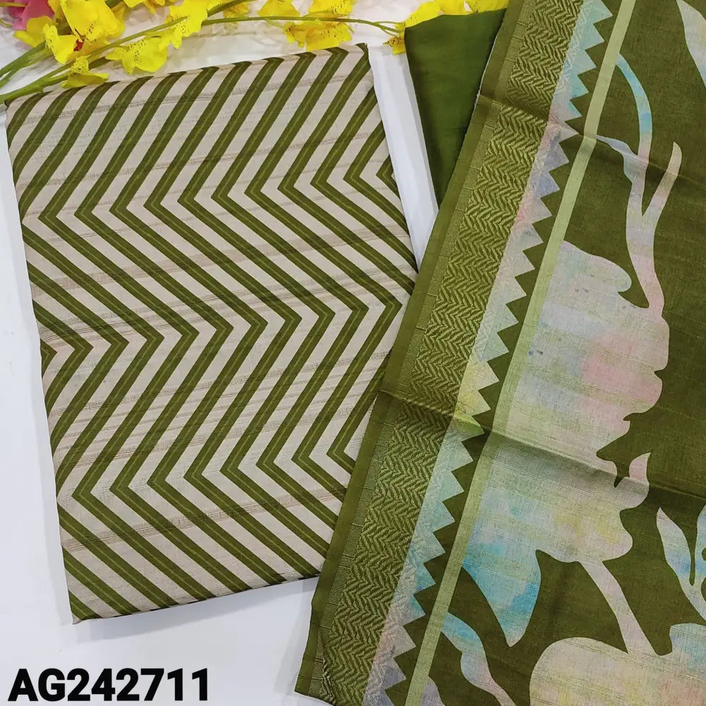 CODE AG242711: Mossy green zigzag printed semi gicha unstitched salwar material self woven design all over(lining