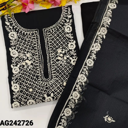 CODE AG242726: Black premium kota unstitched salwar material hand embroidered with panel pattern on front(netted fabric