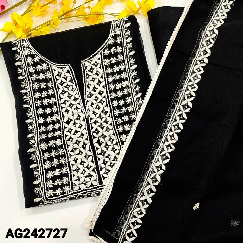 CODE AG242727: Black premium kota unstitched salwar material hand embroidered with panel pattern on front(netted fabric