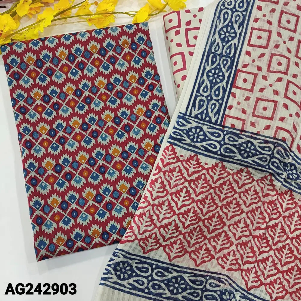 CODE AG242903: Dark pink base printed pure cotton unstitched salwar material(lining optional)block printed pure cotton