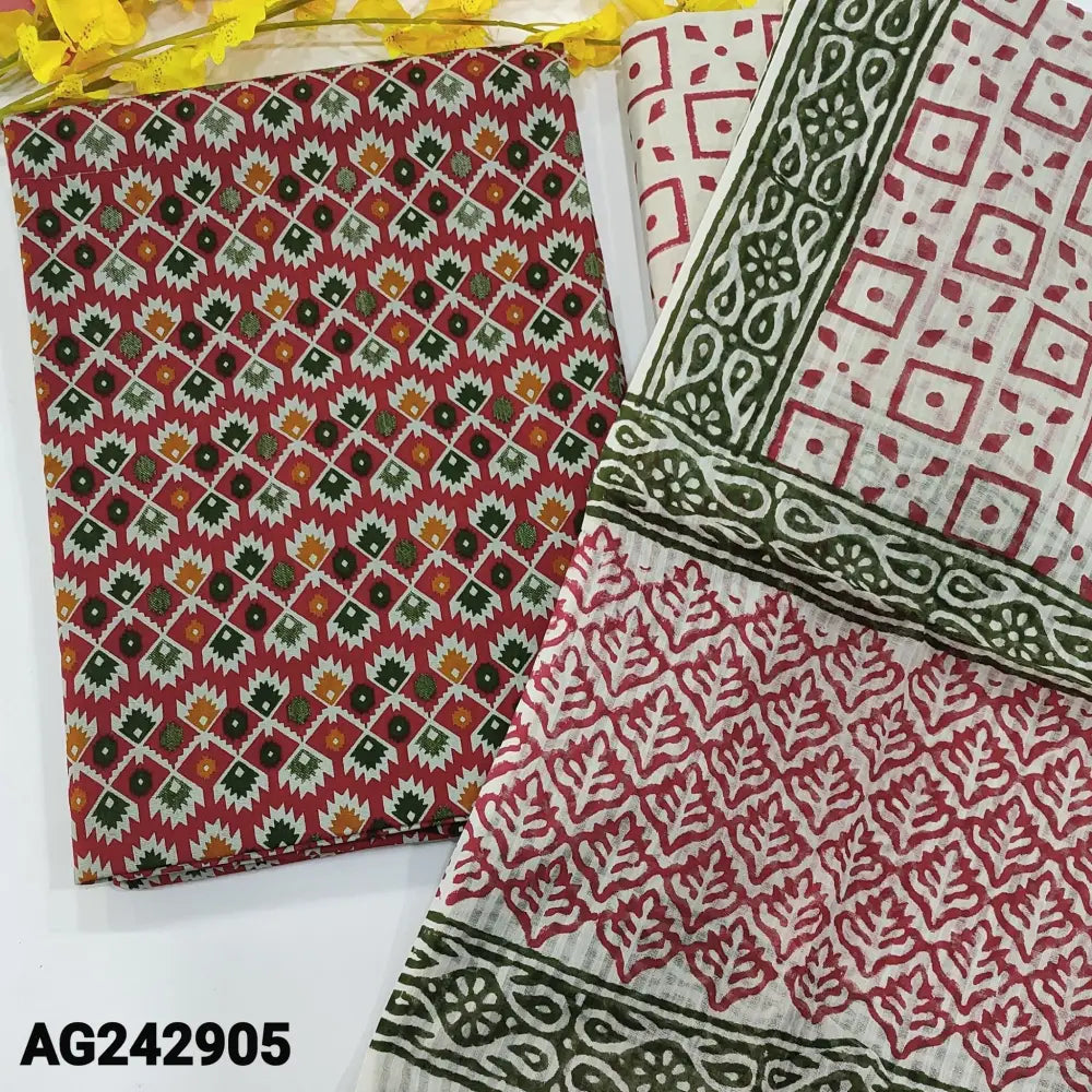 CODE AG242905: Reddish maroon base printed pure cotton unstitched salwar material(lining optional)block printed pure