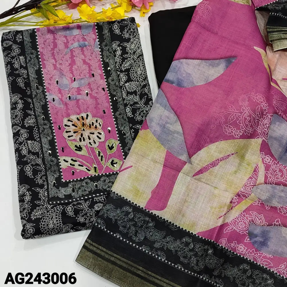 CODE AG243006: Black floral printed soft cotton unstitched salwar material printed yoke patch with zardozi thread&