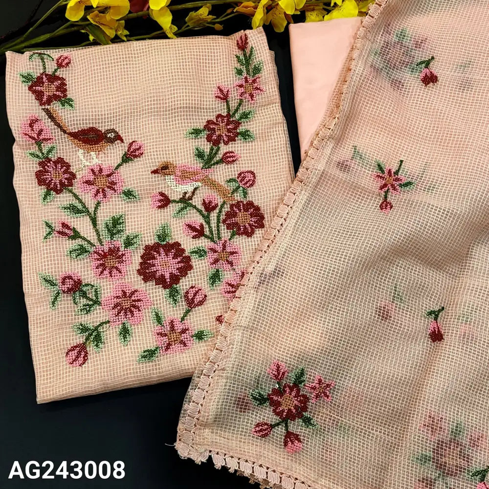 CODE AG243008: Pastel peach fancy super net unstitched salwar material cross stitch embroidered on yoke(netted fabric