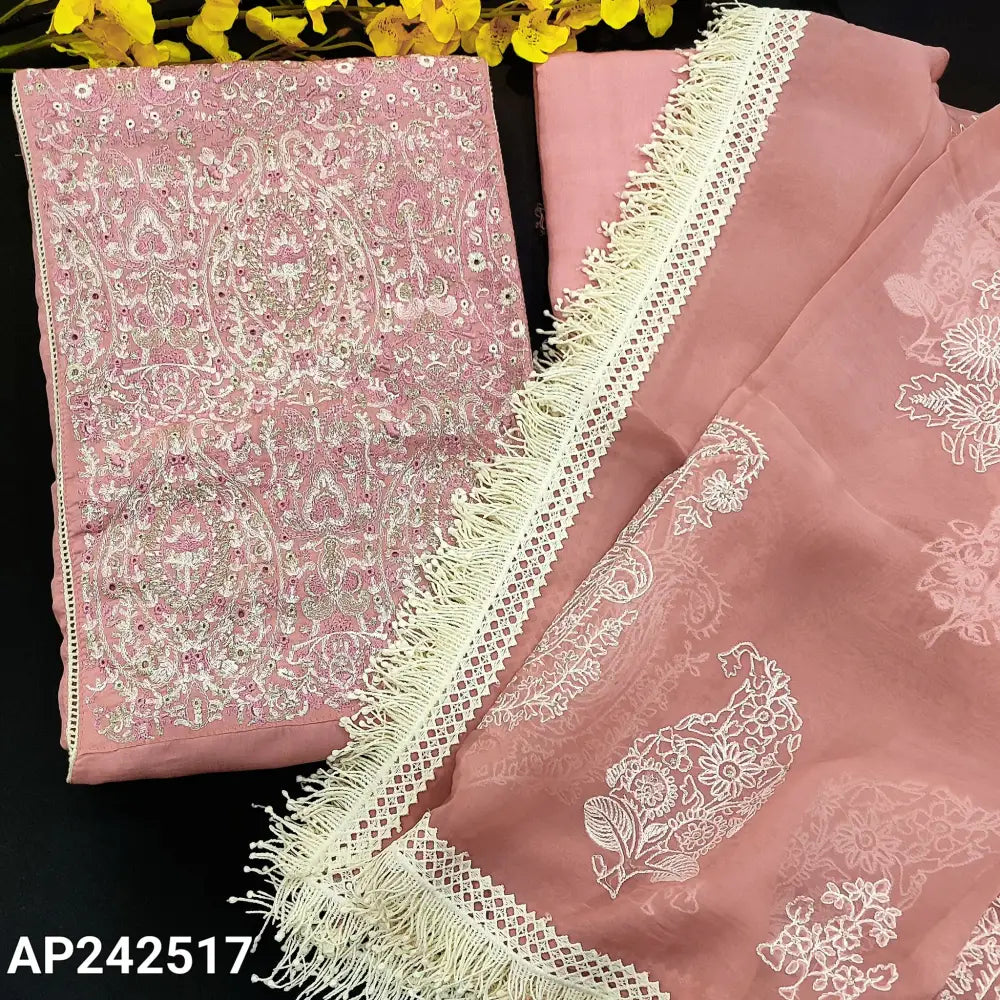 CODE AP242517: Designer pastel pink soft premium silk cotton unstitched salwar material heavy work on yoke fancy lace