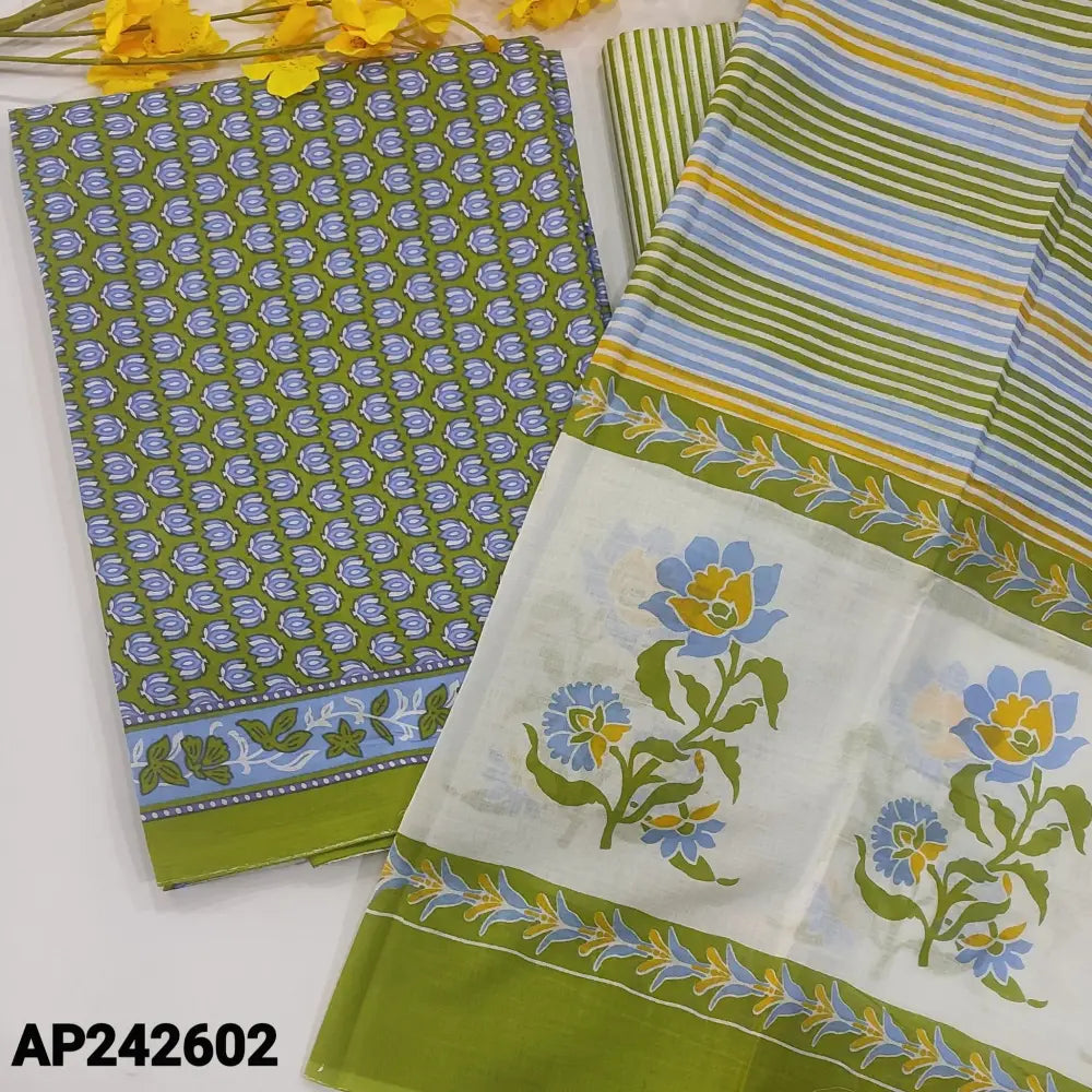 CODE AP242602: Mossy Green Printed pure soft cotton unstitched salwar material printed all over(thin,lining