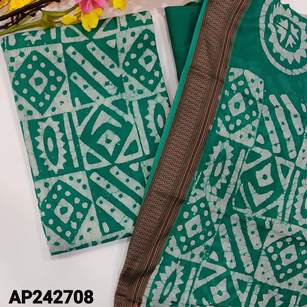 CODE AP242708: Turquoise green original wax batik dyed cotton unstitched salwar material(thin,lining optional)thread