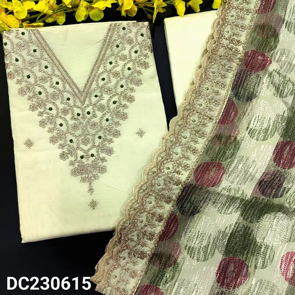 CODE DC230615: Designer Pale Green Silk cotton unstitched Salwar material(thin lining needed) V Neck zari and thread