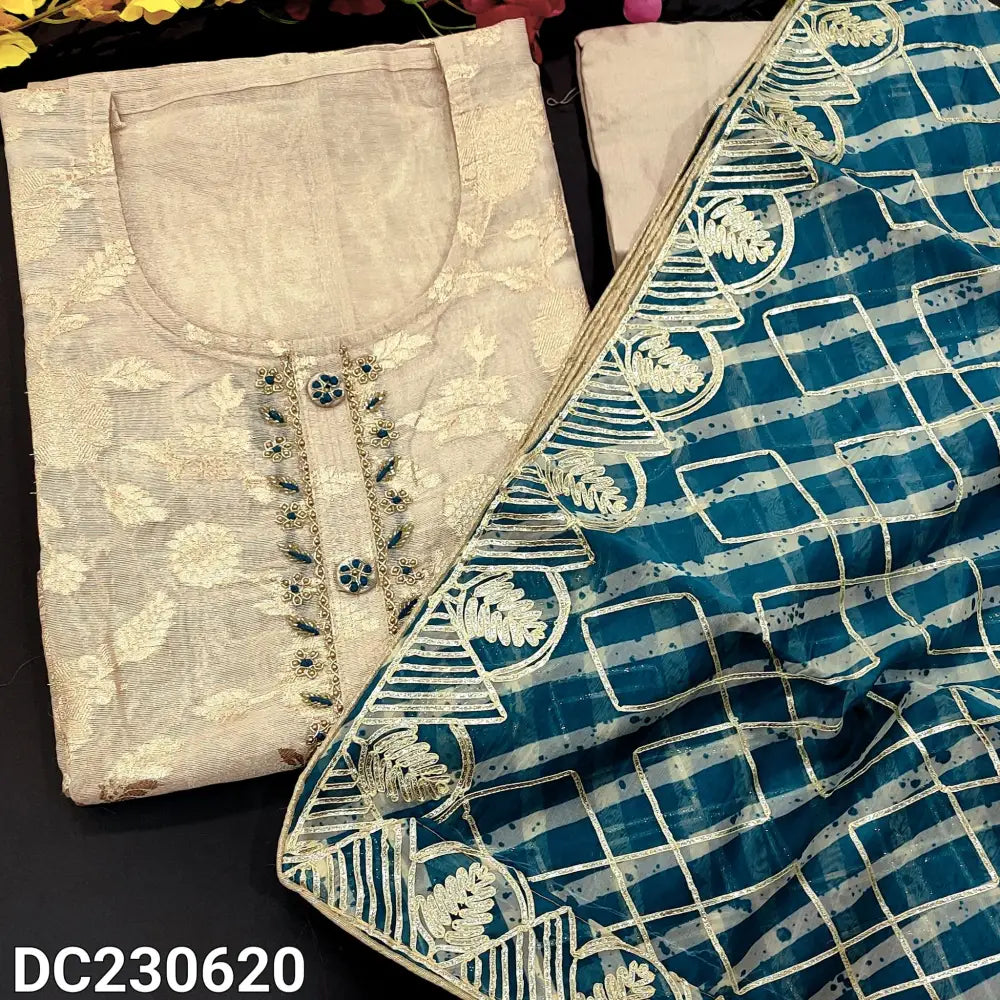 CODE DC230620: Designer Rich Beige Tissue silk cotton unstitched salwar material(thin,lining needed)Thread embroidery