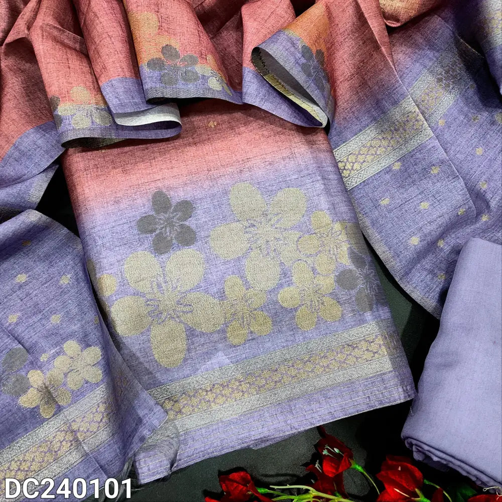 CODE DC240101: Pastel pink designer jamdani woven premium silk cotton unstitched salwar material zari buttas all