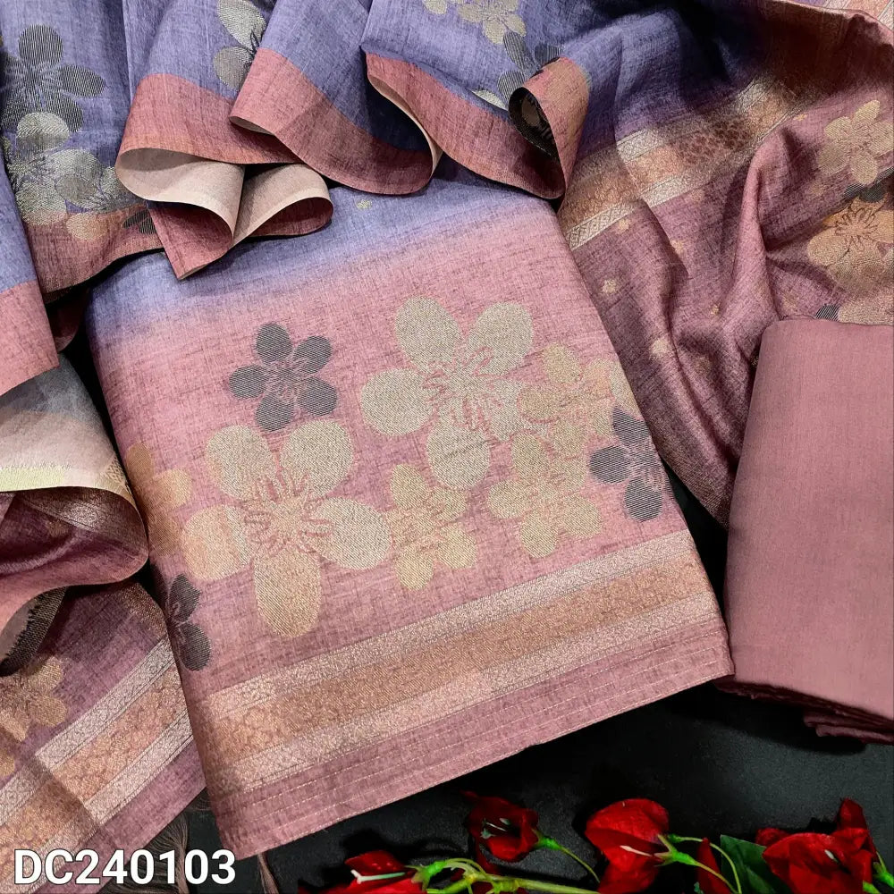 CODE DC240103: Light purple designer jamdani woven premium silk cotton unstitched salwar material zari buttas all