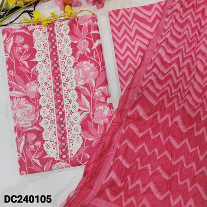 CODE DC240105: Bright pink floral printed premium cotton unstitched salwar material lace &real mirror work
