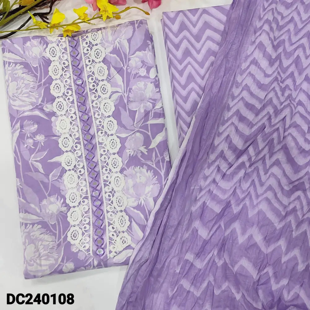 CODE DC240108: Lavender floral printed premium cotton unstitched salwar material lace &real mirror work on yoke(lining