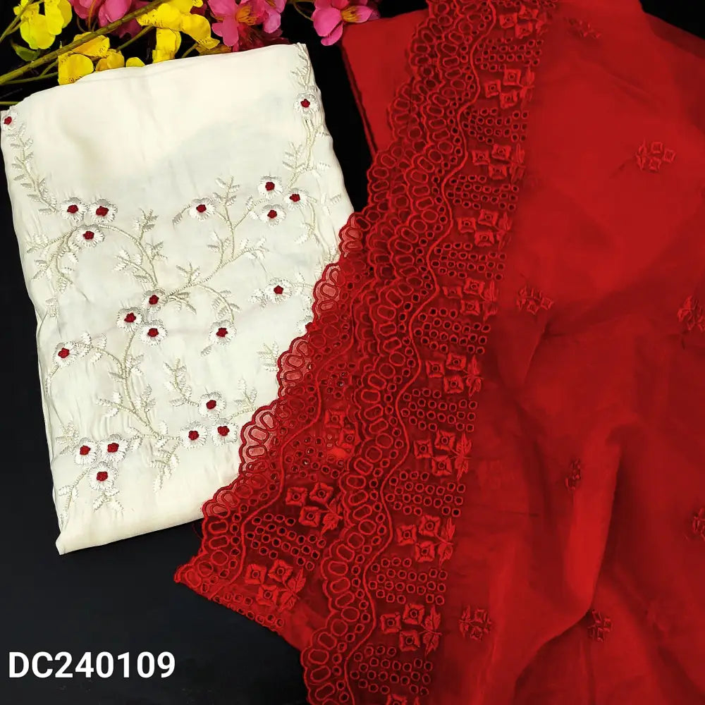 CODE DC240109: Half white premium silk cotton unstitched salwar material rich thread& bead work on yoke(soft fabric