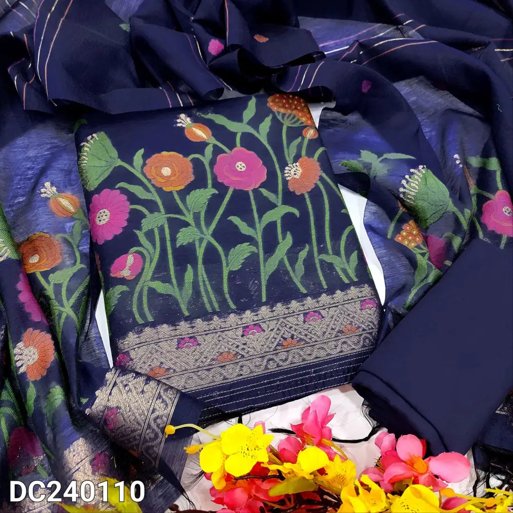 CODE DC240110: Dark blue jamdani woven premium silk cotton unstitched salwar material(thin fabric lining needed)zari