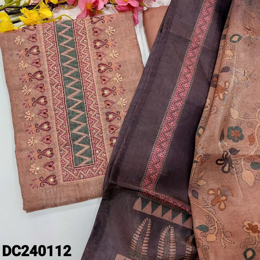 CODE DC240112: Onion pink with golden tint designers tissue silk cotton unstitched salwar material digital printed yoke