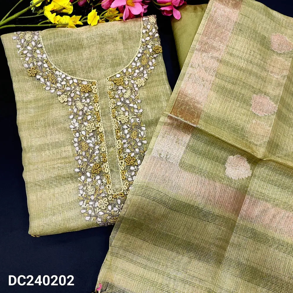 CODE DC240202: Pastel green tissue kota silk cotton unstitched salwar material rich hand embroidered on yoke&