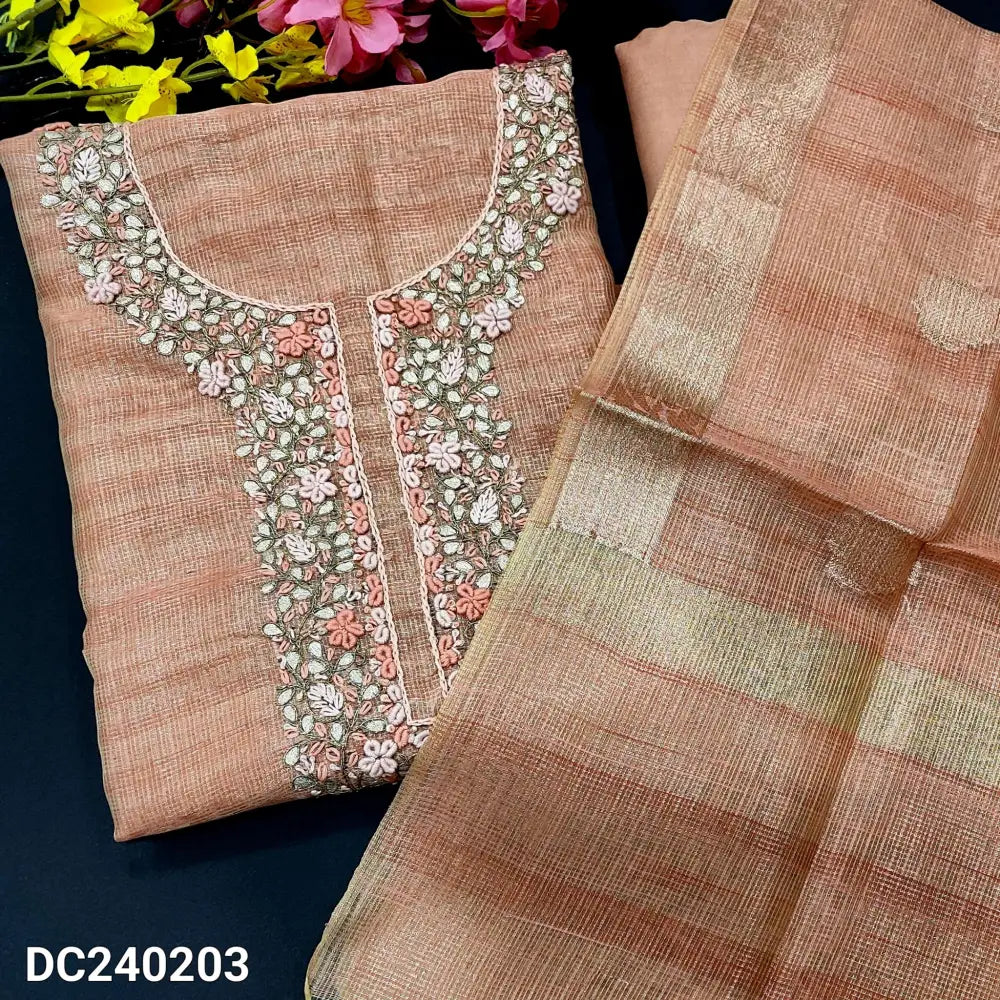CODE DC240203: Pastel peach tissue kota silk cotton unstitched salwar material rich hand embroidered on yoke&