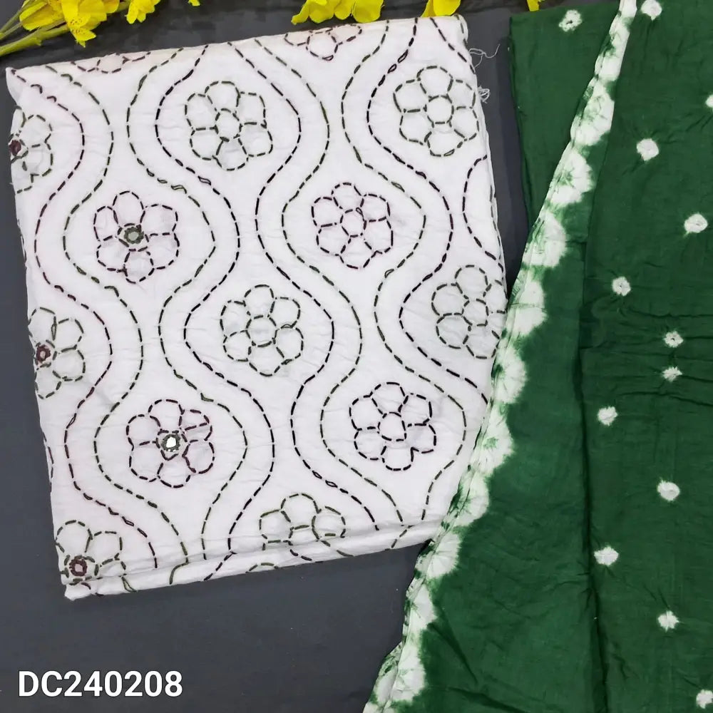 CODE DC240208: White pure cotton unstitched salwar material heavy thread& real mirror work on front(thin fabric lining