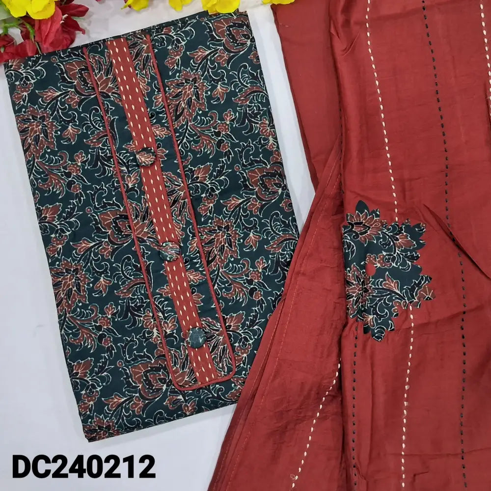 CODE DC240212: Dark teal green printed pure cotton unstitched salwar material fancy buttons on yoke(lining