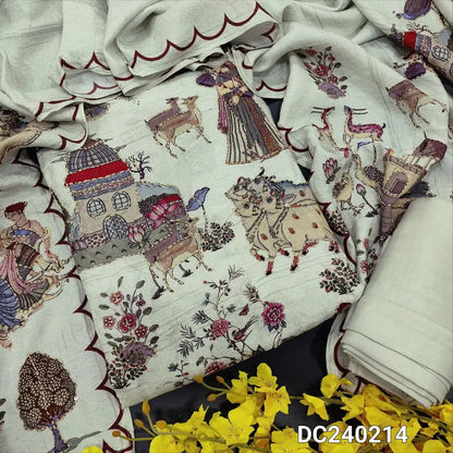 CODE DC240214: Half white with green tint printed pure jakard dola silk unstitched salwar material hand embroidered