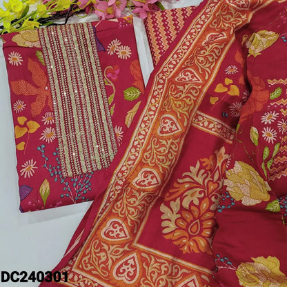 CODE DC240301: Bright pink floral printed modal maslin silk unstitched salwar material zari& sequins work