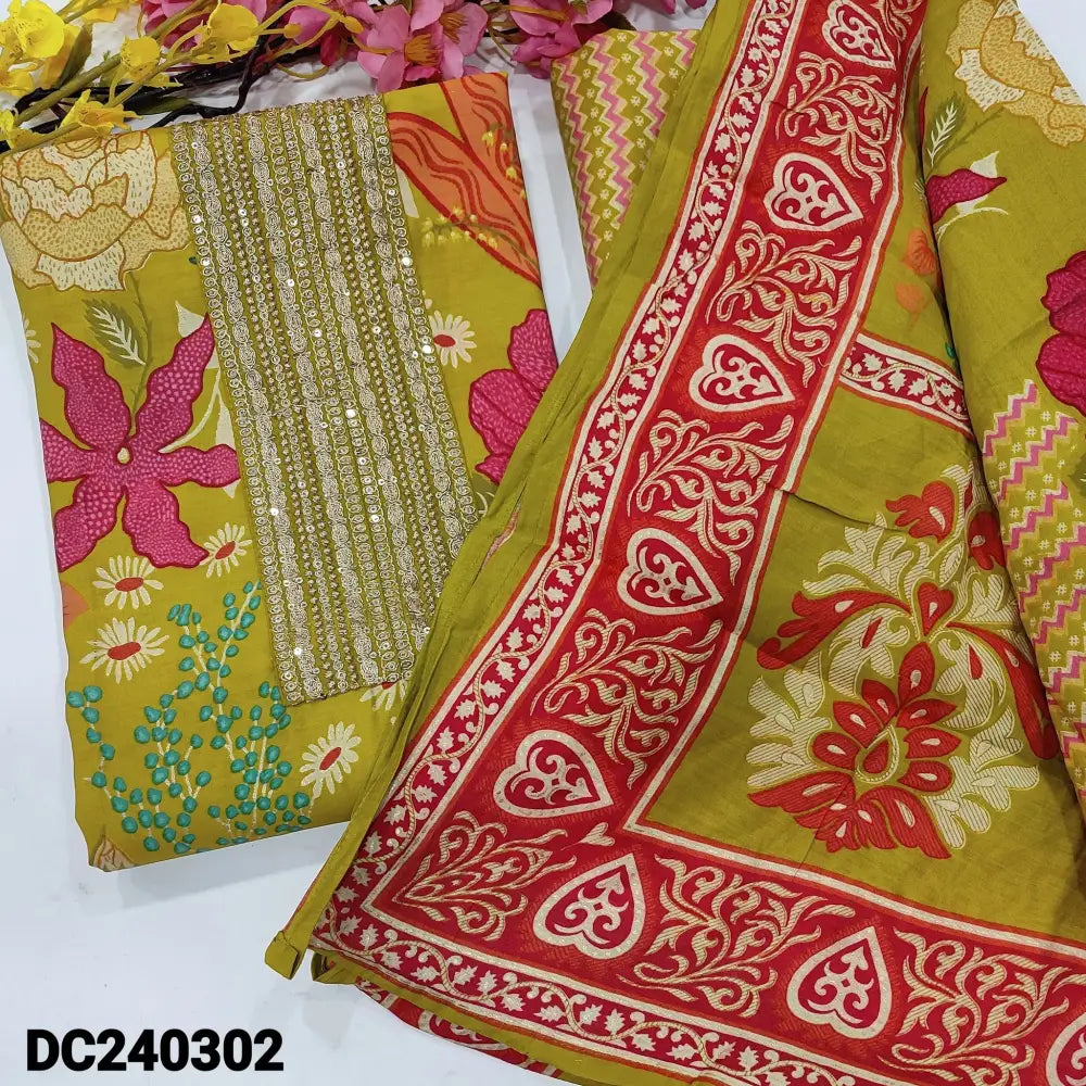 CODE DC240302: Mehandhi green floral printed modal maslin silk unstitched salwar material zari& sequins work