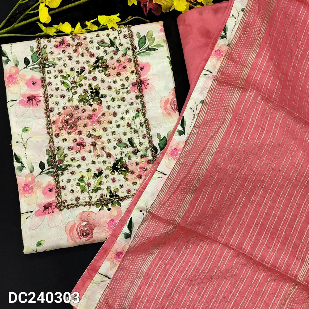 CODE DC240303: Beige base floral printed semi gicha unstitched salwar material rich bead &stone work on yoke(thin